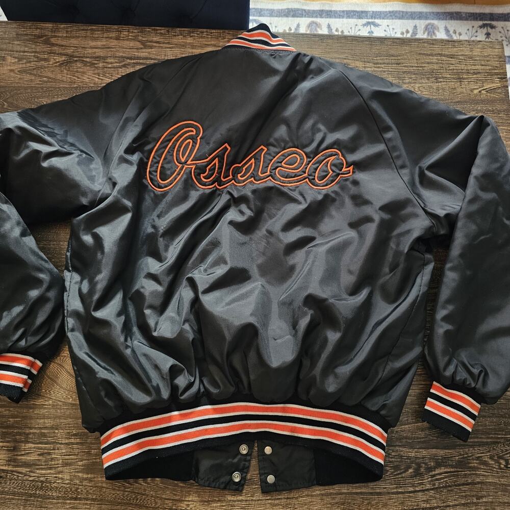 80s Grunge Hand Stitched Osseo Minnesota Bomber Button Up Working Jacket Size L